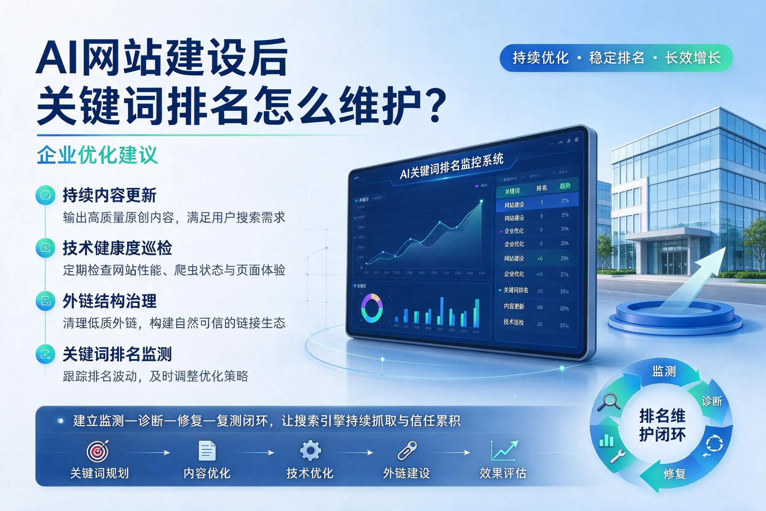 AI网站建设后关键词排名怎么维护?天水企业优化建议