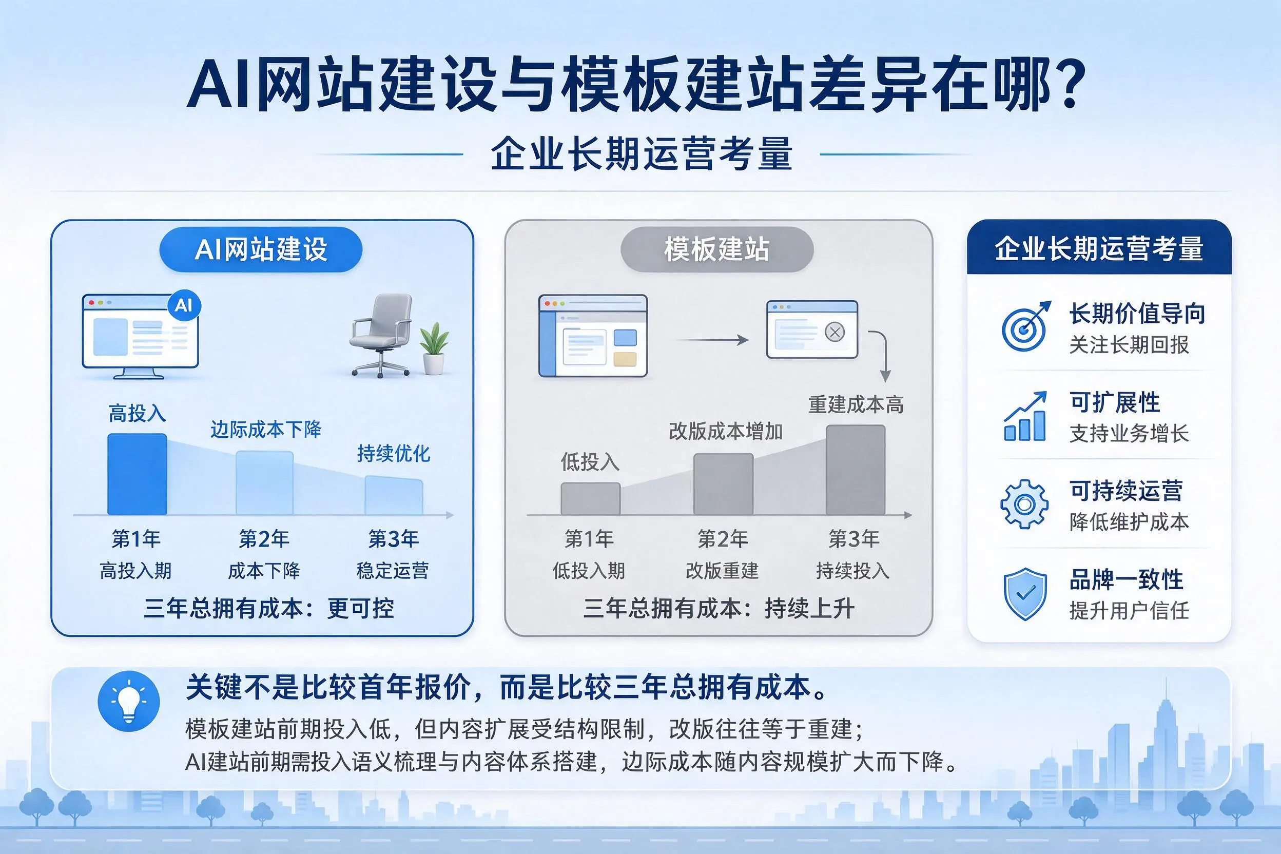 AI网站建设与模板建站差异在哪？天水企业长期运营考量