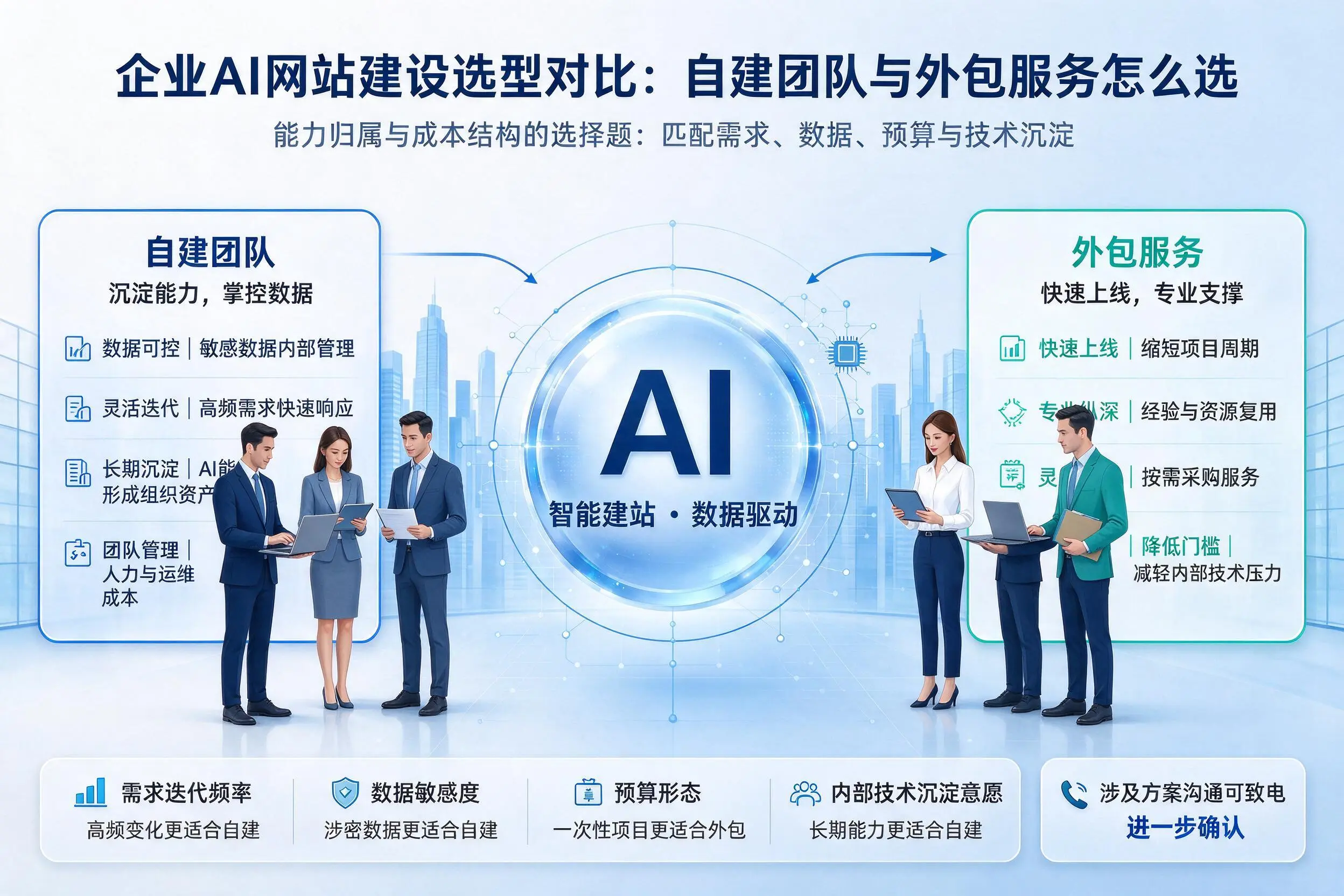 天水企业AI网站建设选型对比:自建团队与外包服务怎么选